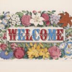 Vintage-looking illustration of blue and red WELCOME text surrounded by flowers
