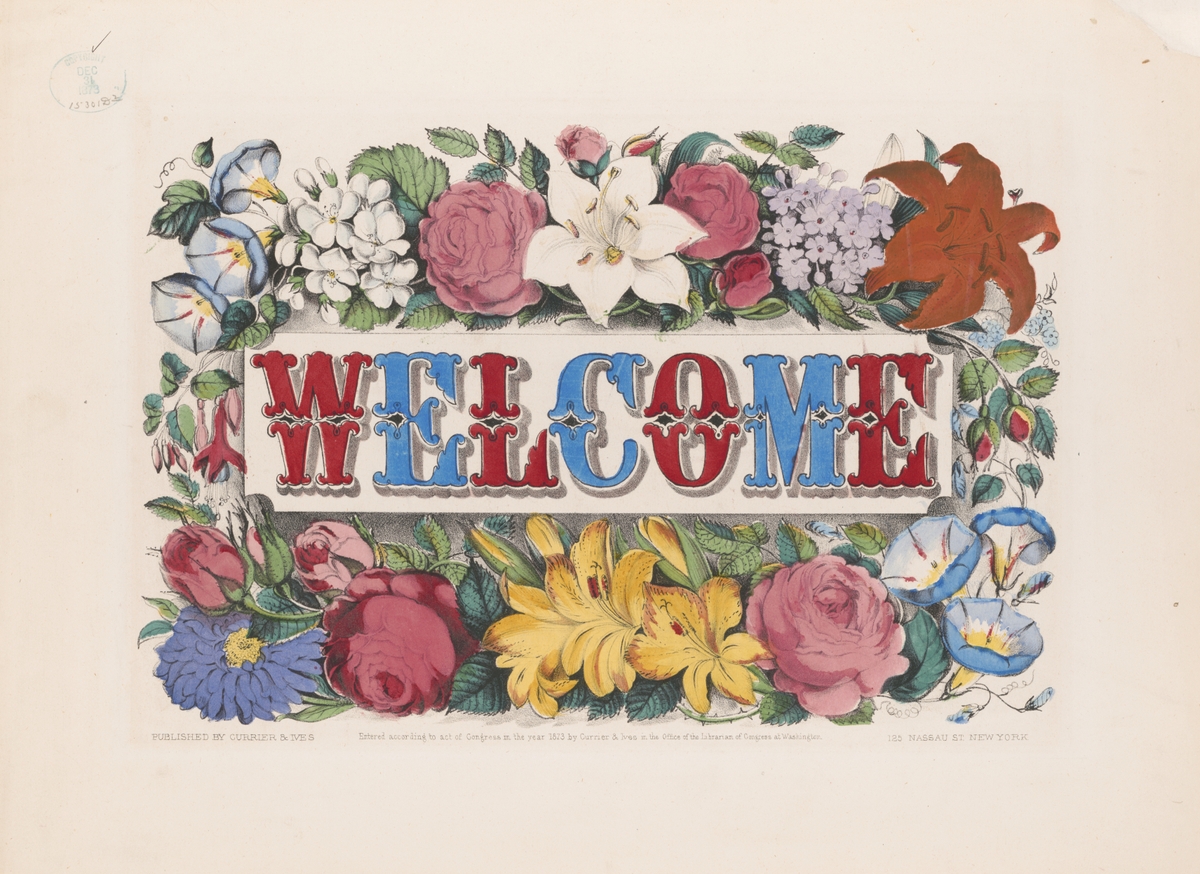 Vintage-looking illustration of blue and red WELCOME text surrounded by flowers