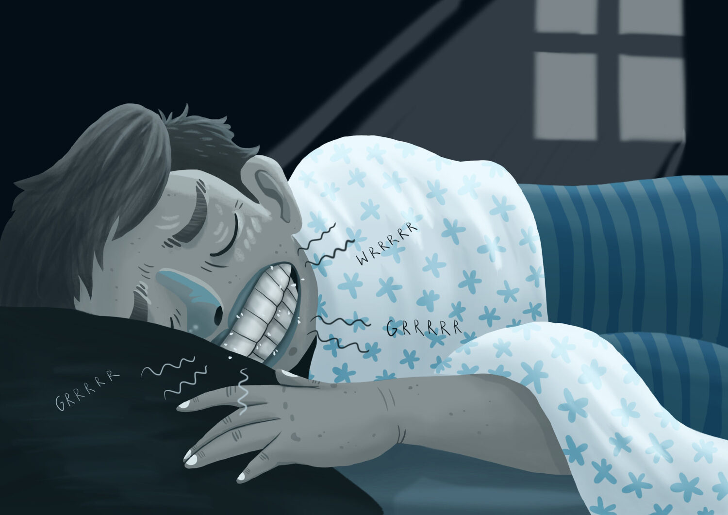 Illustration of a man grinding and clenching his teeth as he sleeps