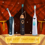 Graphic illustration of three electric toothbrushes with a label "the best toothbrush"