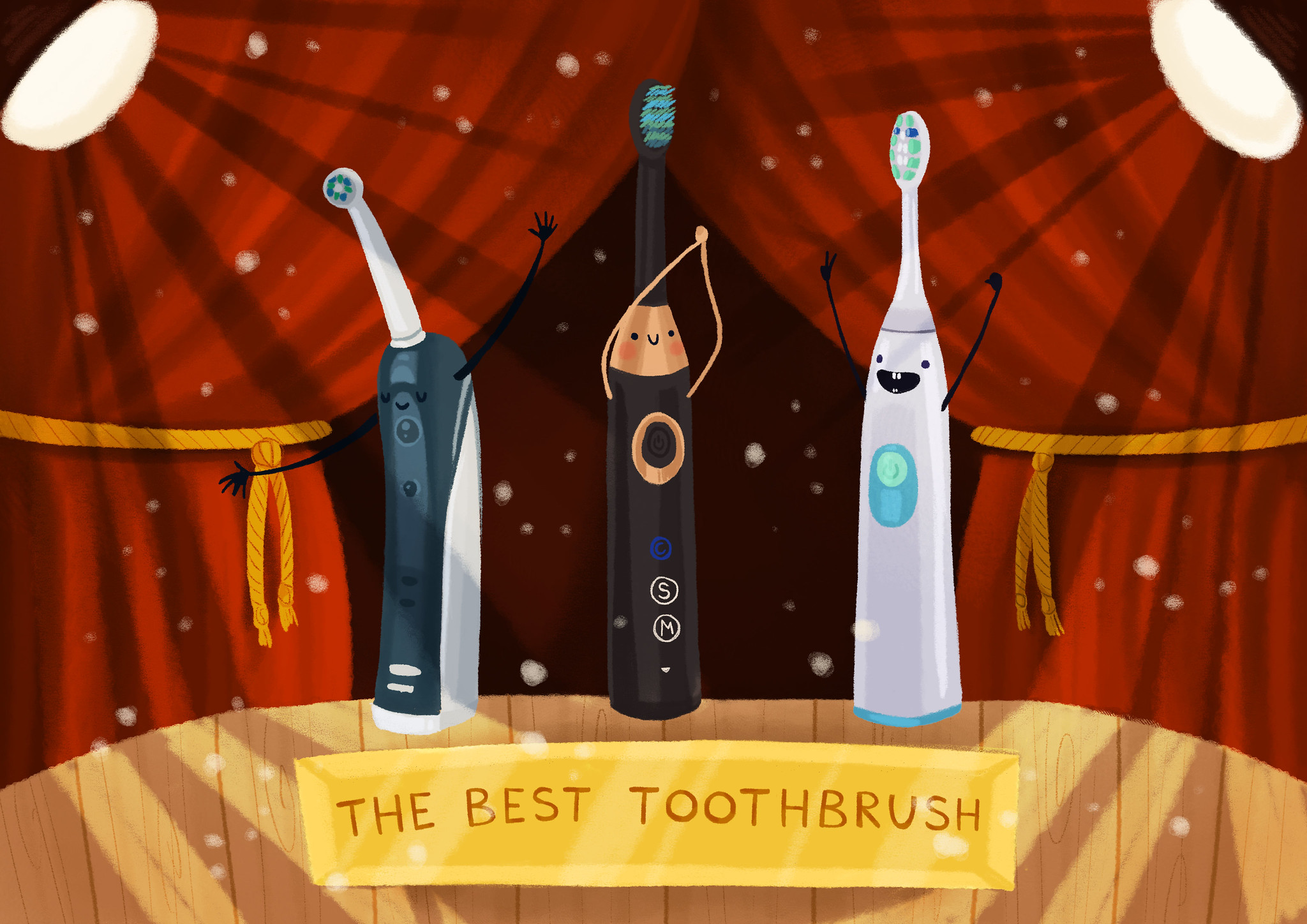 Graphic illustration of three electric toothbrushes with a label "the best toothbrush"